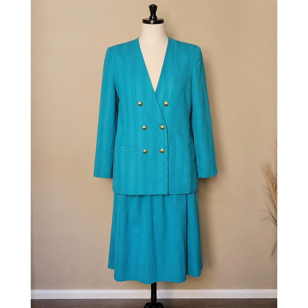 Worthington Skirt Suit Womens 14P Teal Blue Excellent Double Breasted Vintage